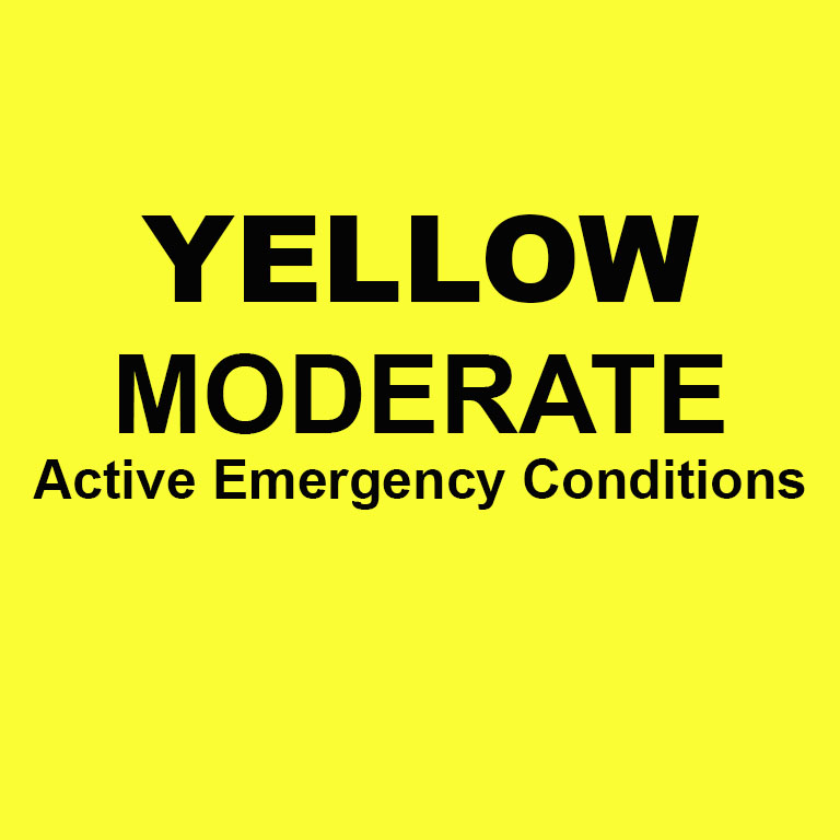 A yellow square with the words "yellow, moderate: active emergency conditions" in black.