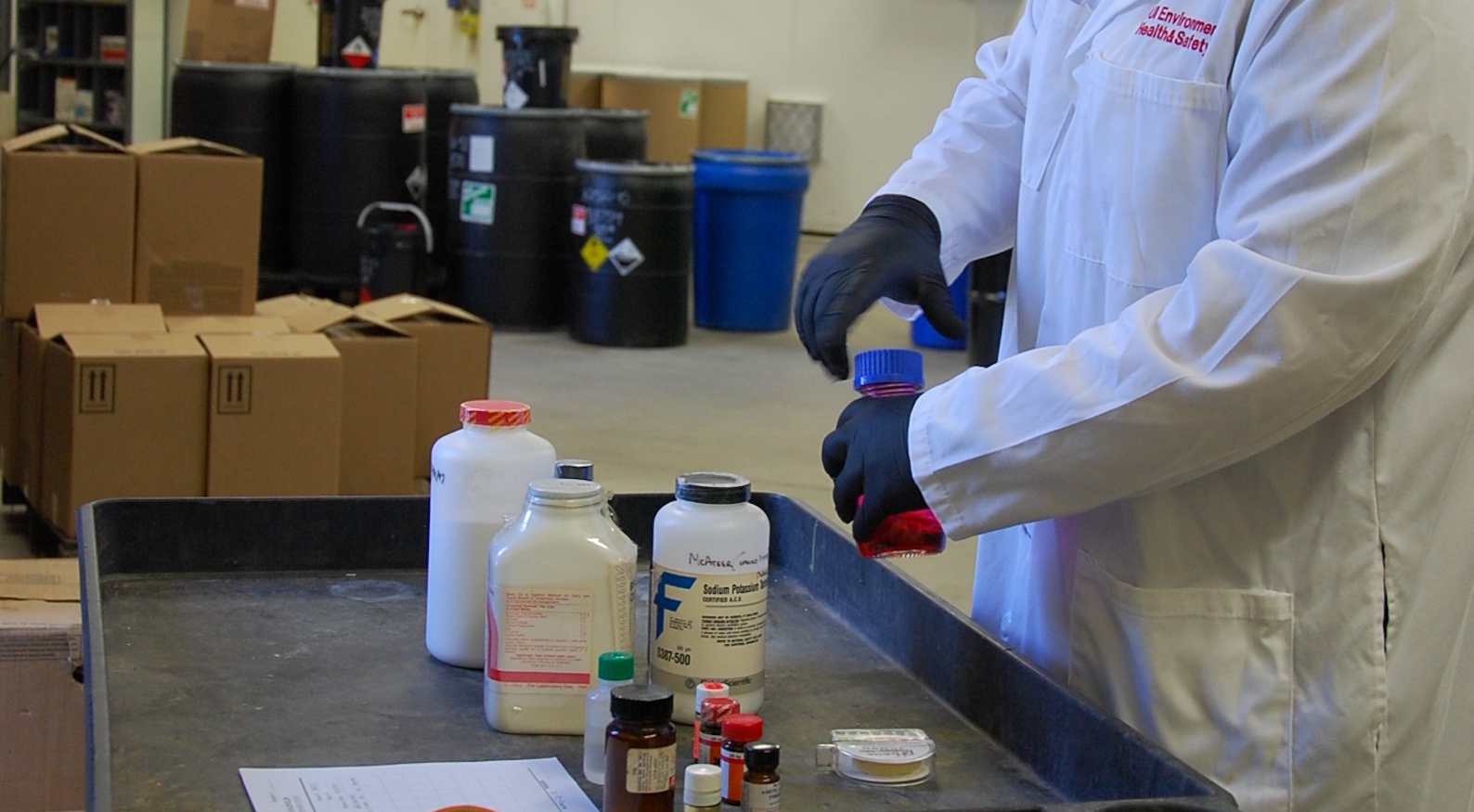 A person with gloves and a jacket opening a jar