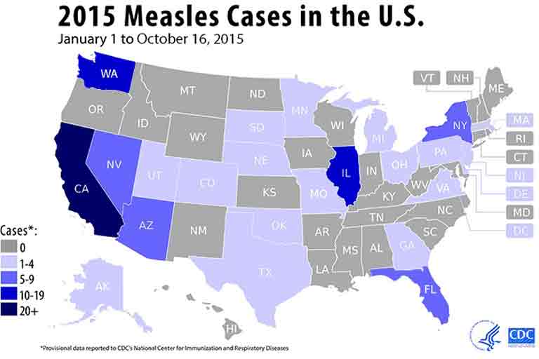 A map of the the United States showing 2015 measles cases
