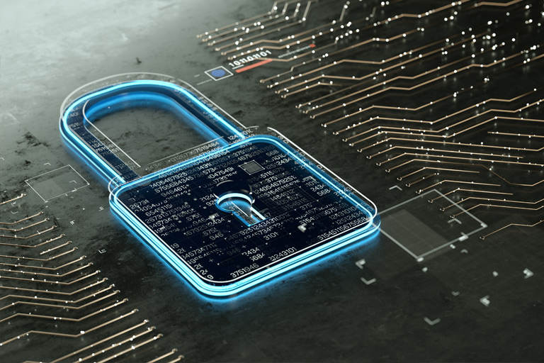 A graphic illustration of secure data, visualized with a neon padlock against a circuit board.