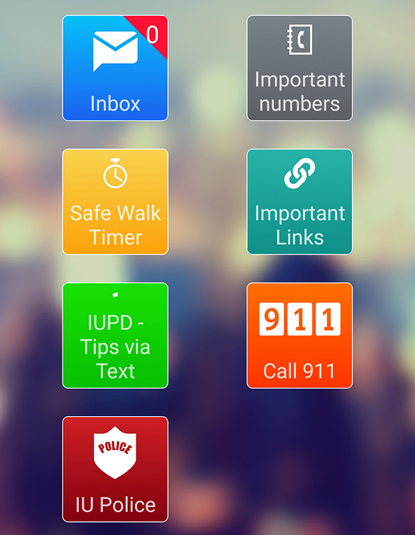 Guardian app screen view shows icons for inbox, important numbers, safe walk timer, important links, IUPD-tips via text, call 911, and IU Police.