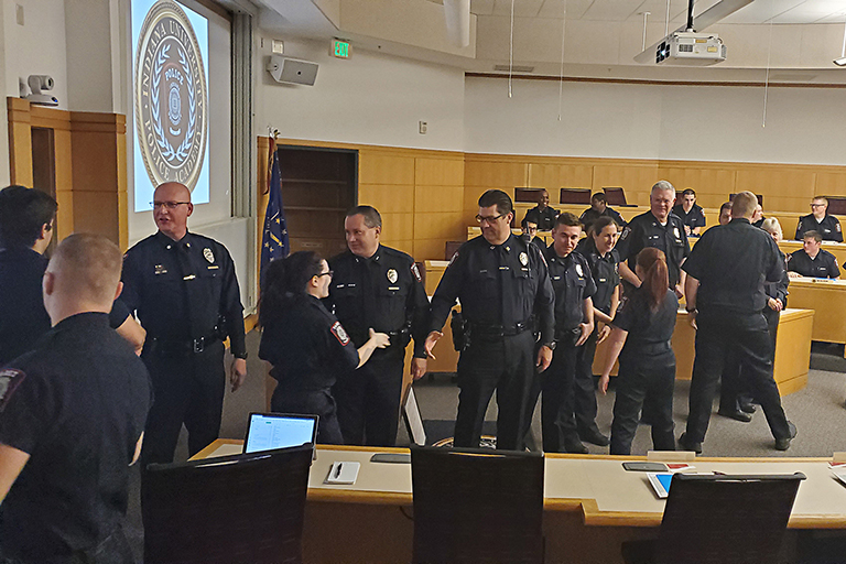 IUPD leadership shake hands and greet IU Police Academy recruits on their first day of the 14-week academy.